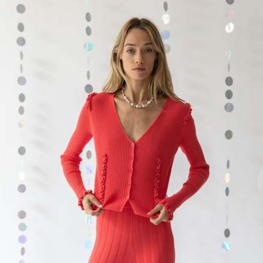V-Neck Ruffle Trim Ribbed Cardigan - Coral Red - Picture 2 of 8